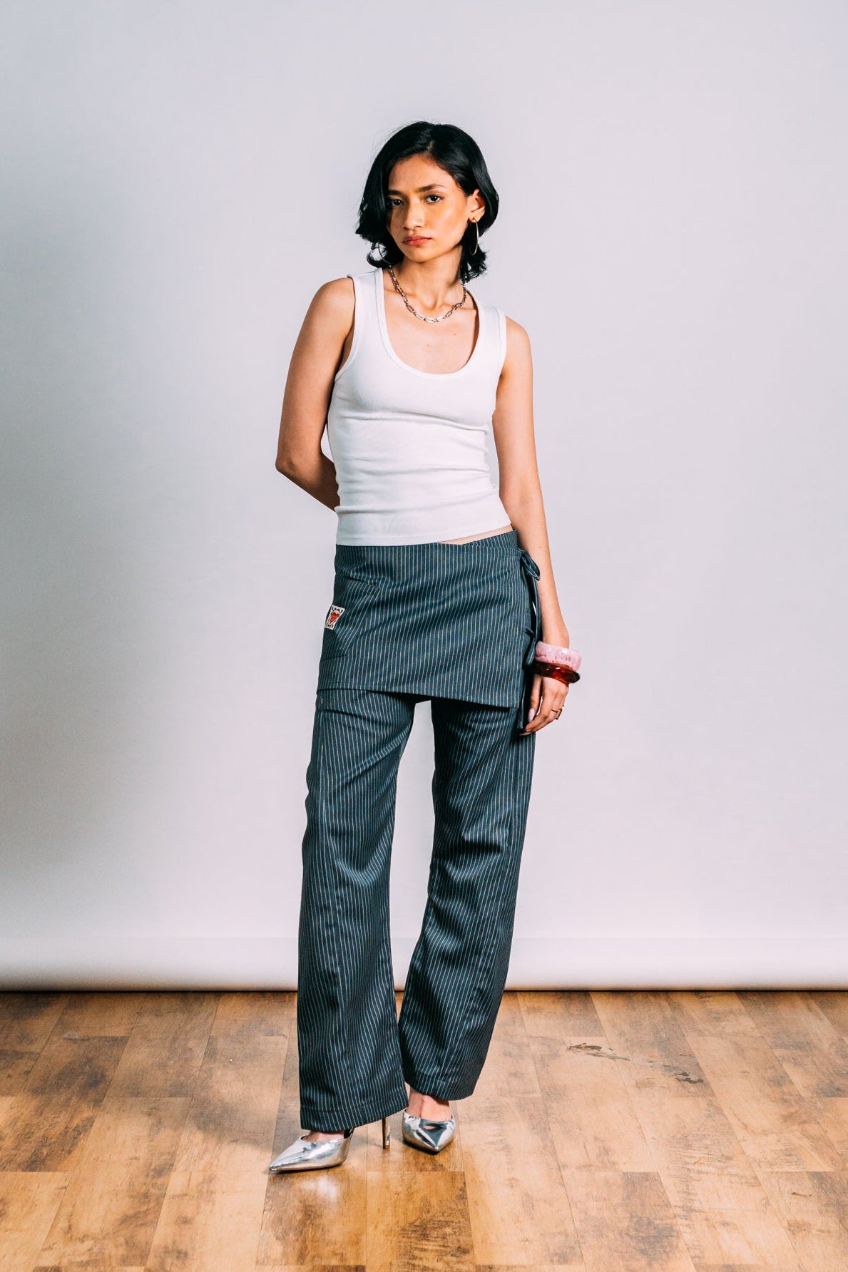 Two-Tie Apron Slouchy Pants 'Grey Stripes'