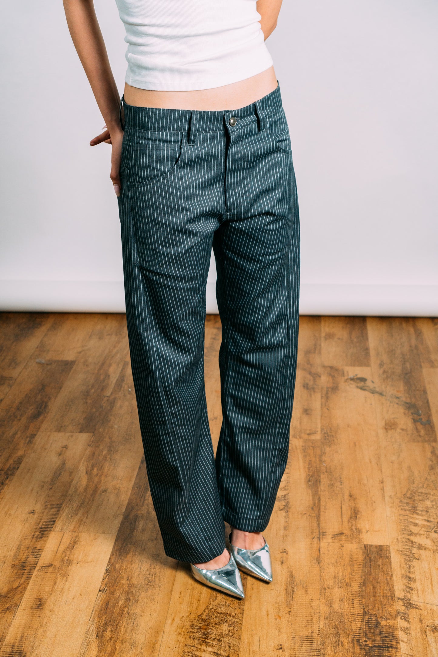 Two-Tie Apron Slouchy Pants 'Grey Stripes'