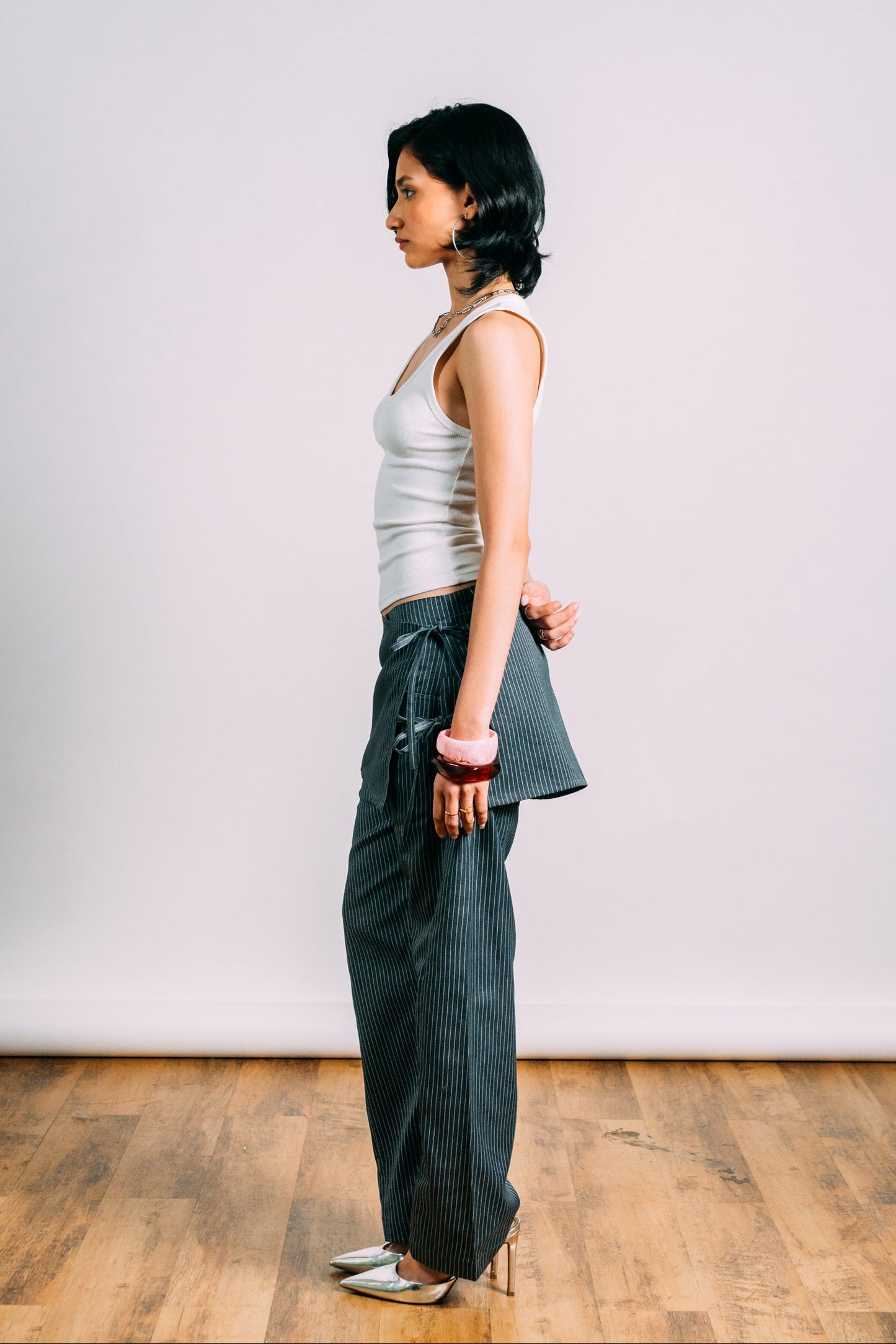 Two-Tie Apron Slouchy Pants 'Grey Stripes'