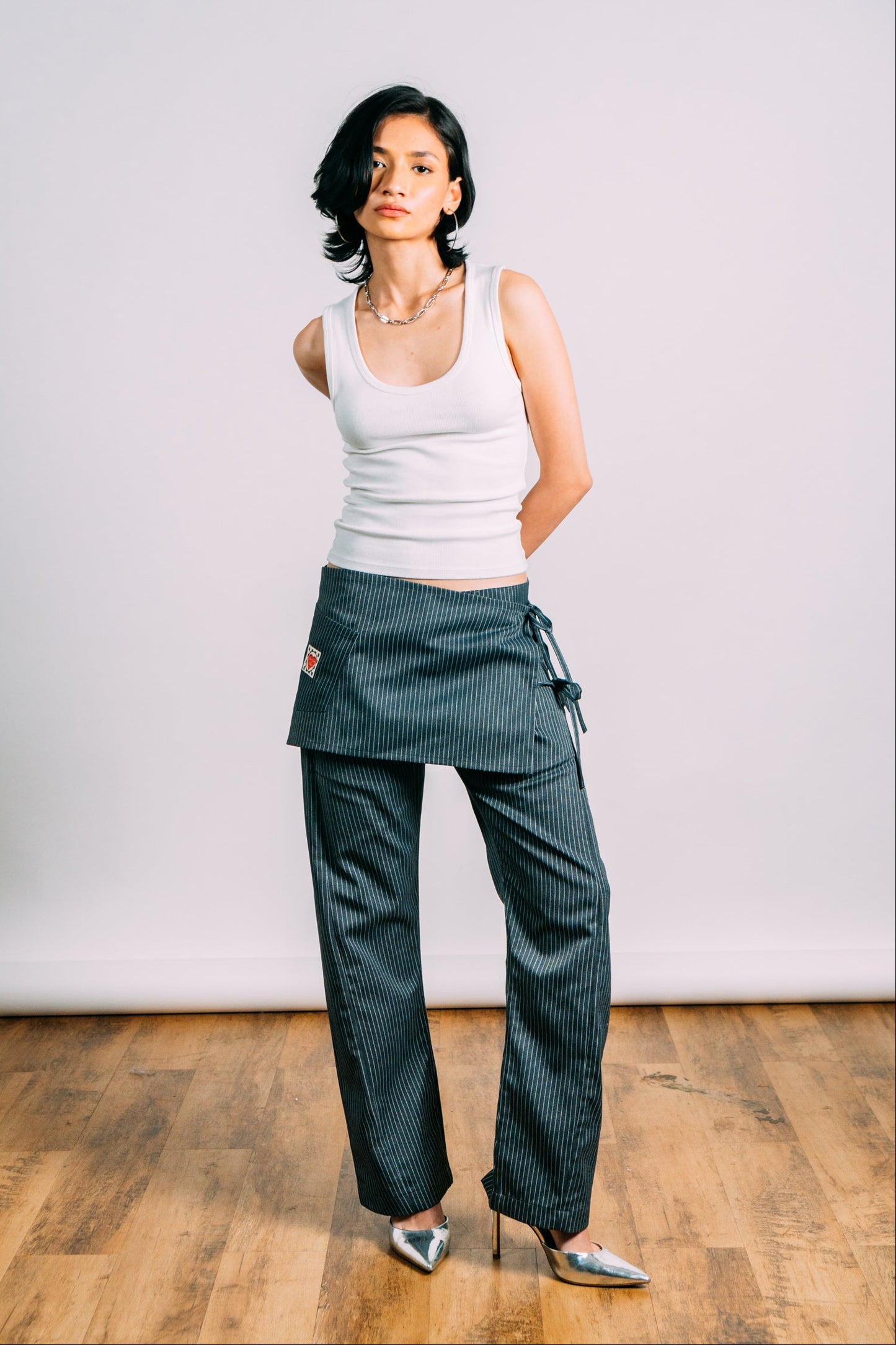 Two-Tie Apron Slouchy Pants 'Grey Stripes'