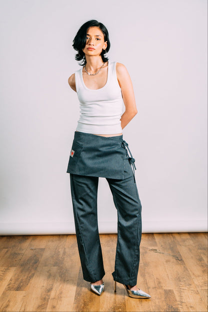 Two-Tie Apron Slouchy Pants 'Grey Stripes'