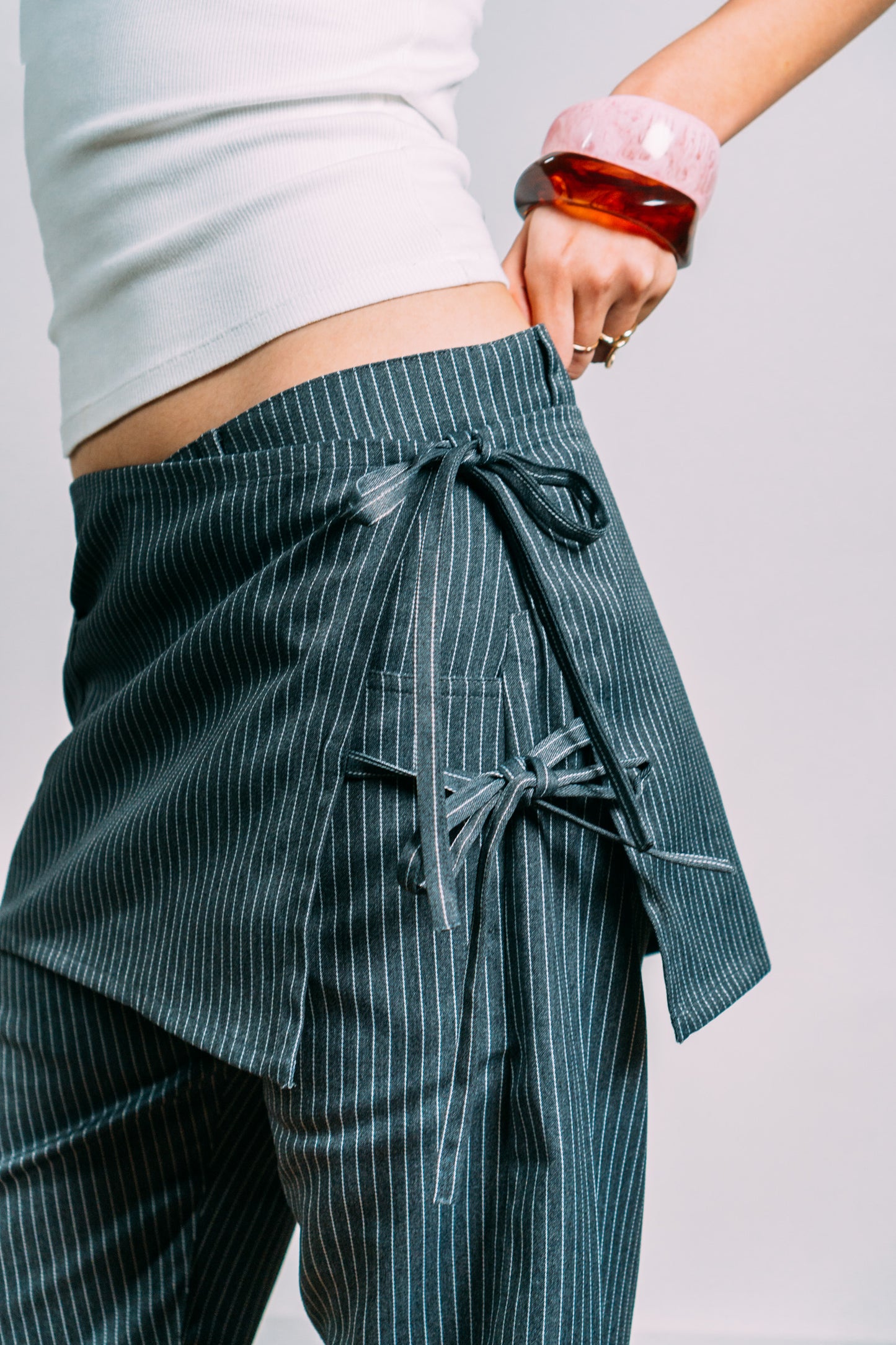 Two-Tie Apron Slouchy Pants 'Grey Stripes'