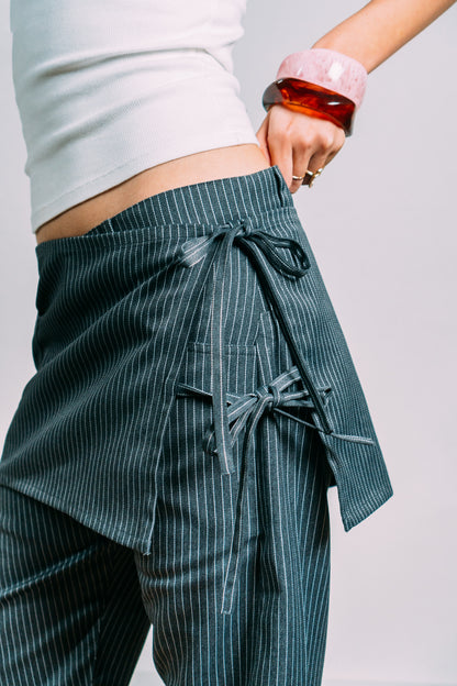 Two-Tie Apron Slouchy Pants 'Grey Stripes'