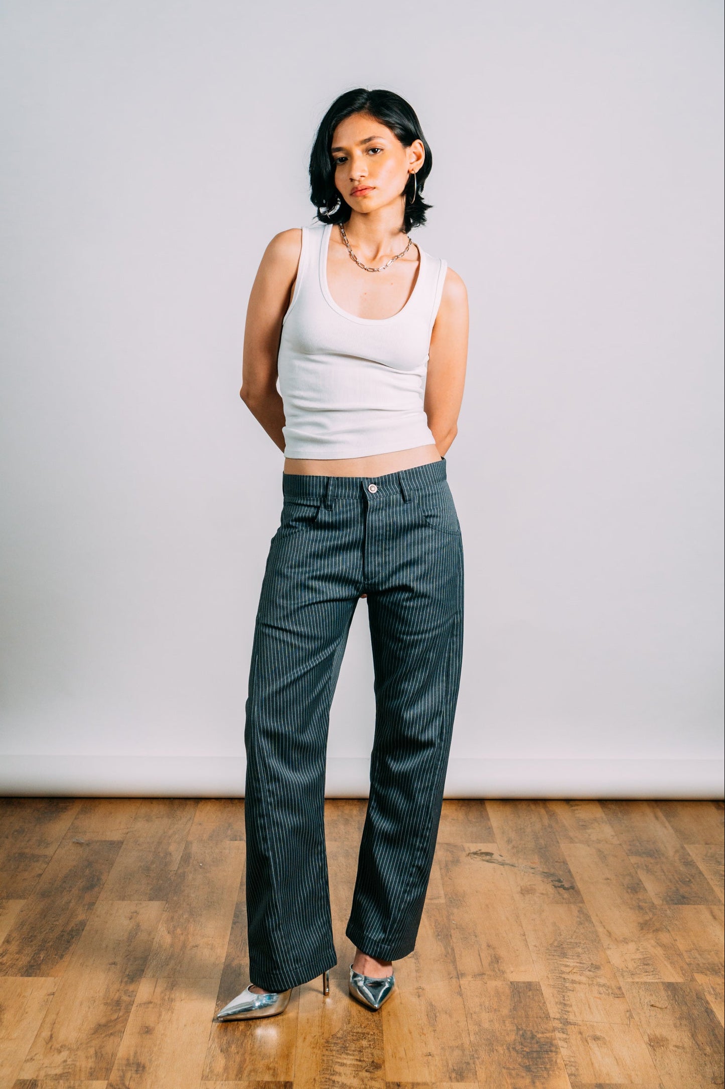 Two-Tie Apron Slouchy Pants 'Grey Stripes'