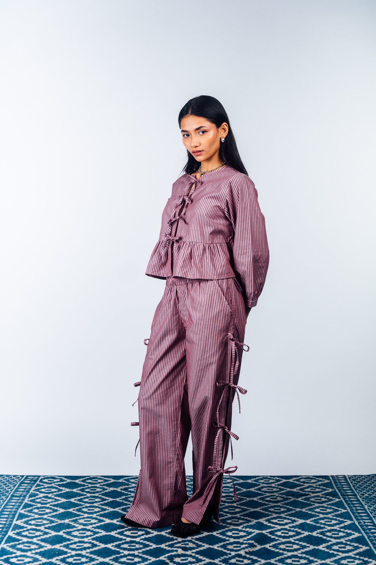 Front Tie Peplum Top 'Maroon Stripes'