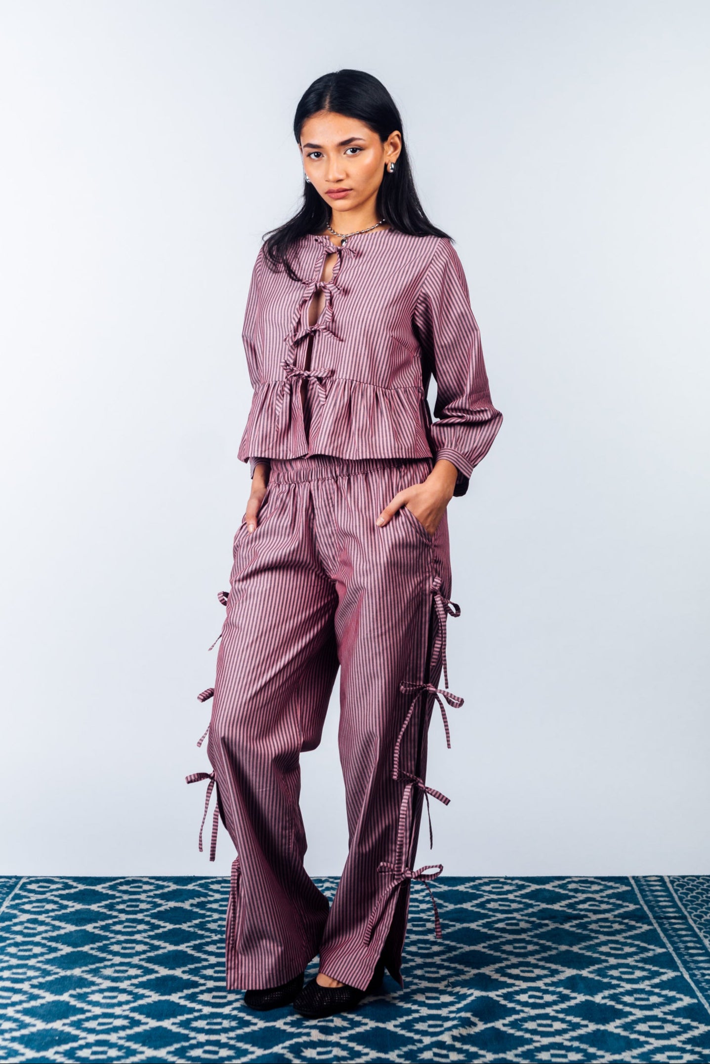 Front Tie Peplum Top 'Maroon Stripes'