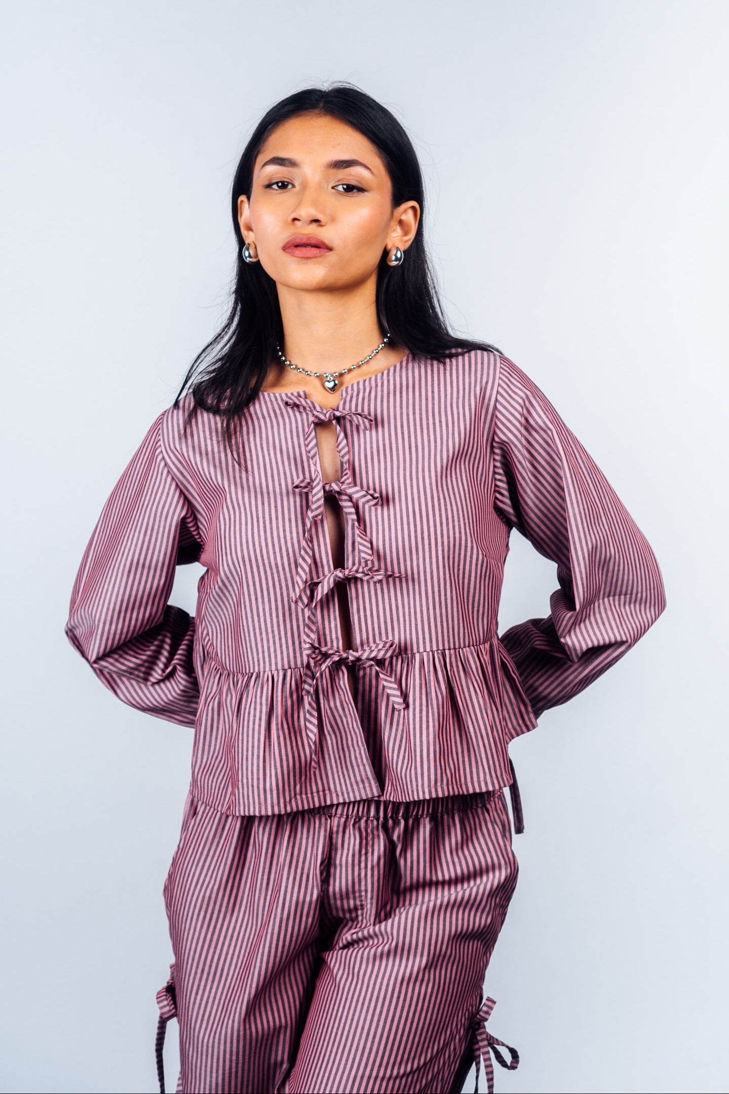 Front Tie Peplum Top 'Maroon Stripes'