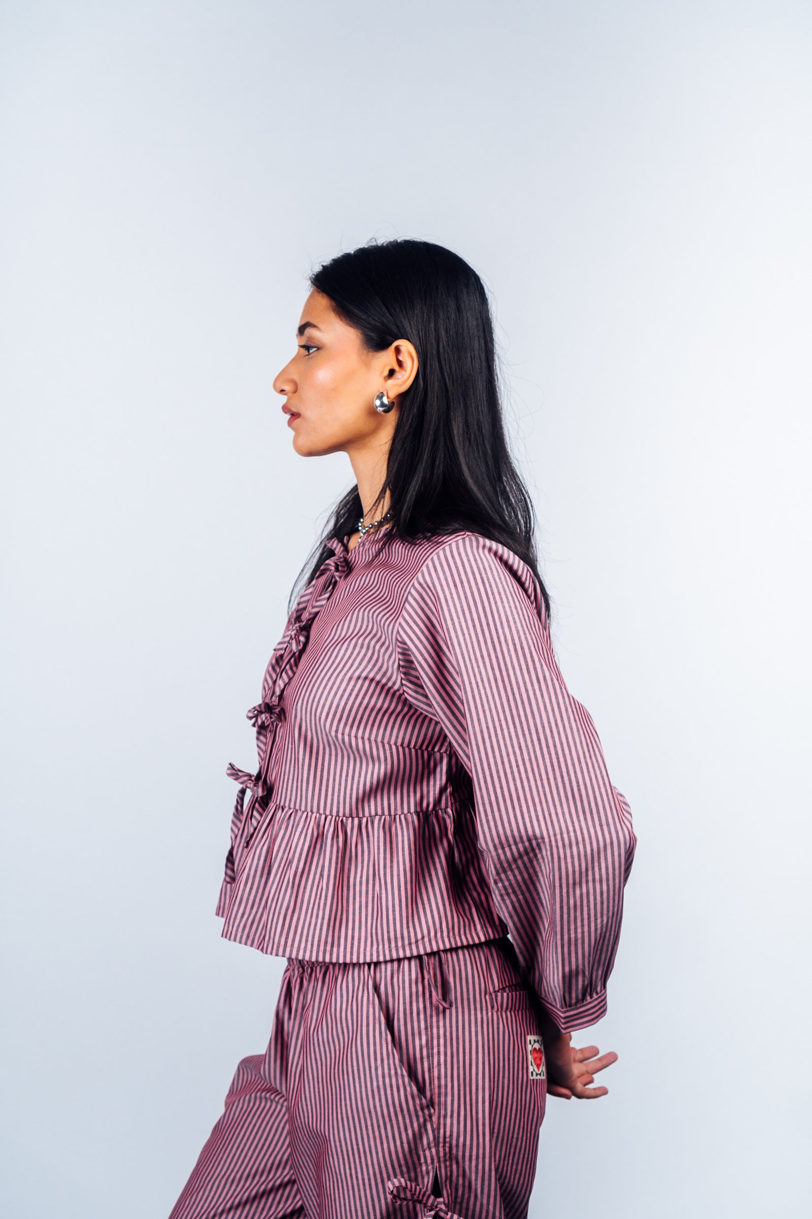 Front Tie Peplum Top 'Maroon Stripes'