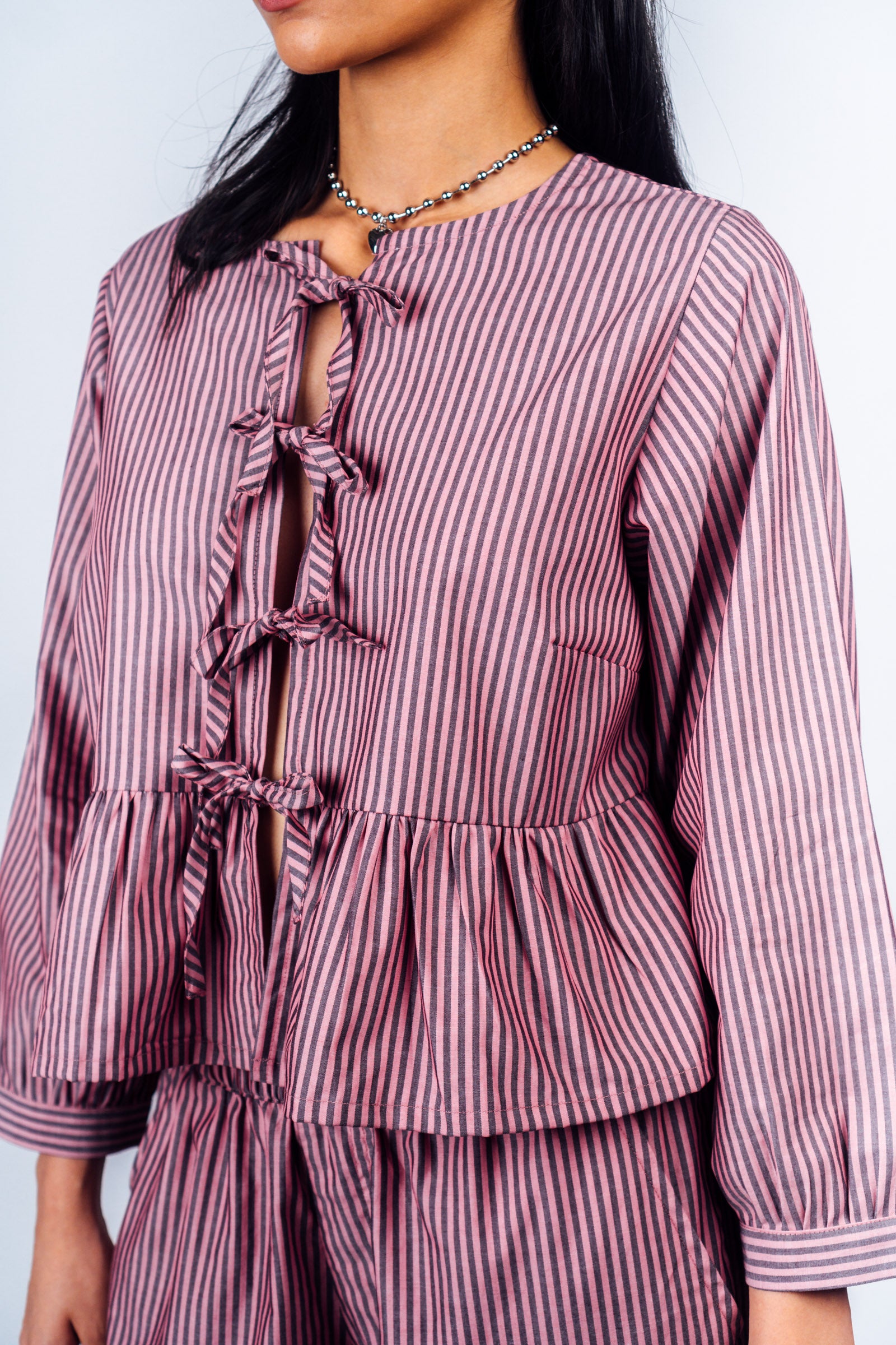 Front Tie Peplum Top 'Maroon Stripes'