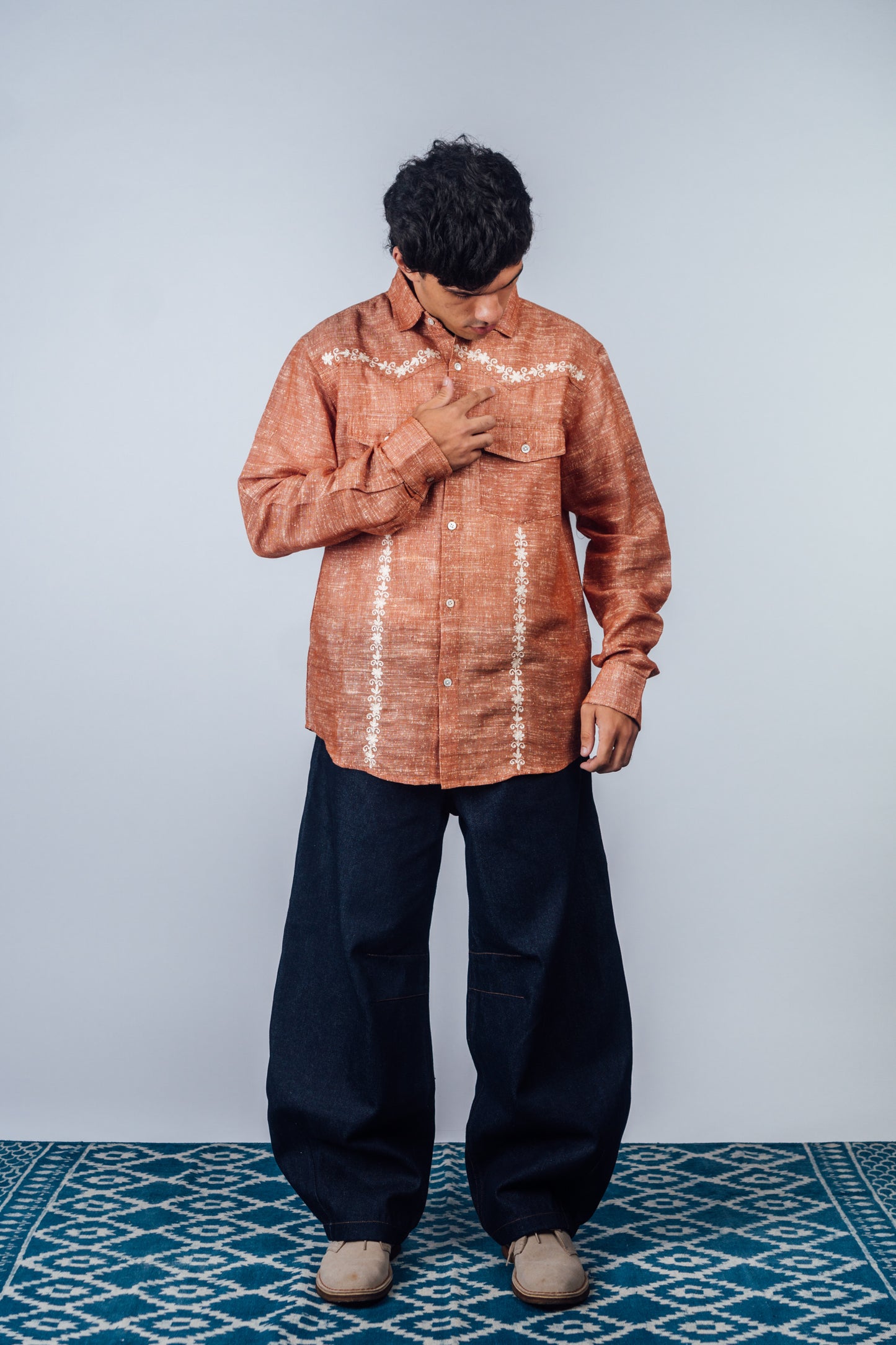 Embroidered Western Shirt 'Burnt Orange Khadi'