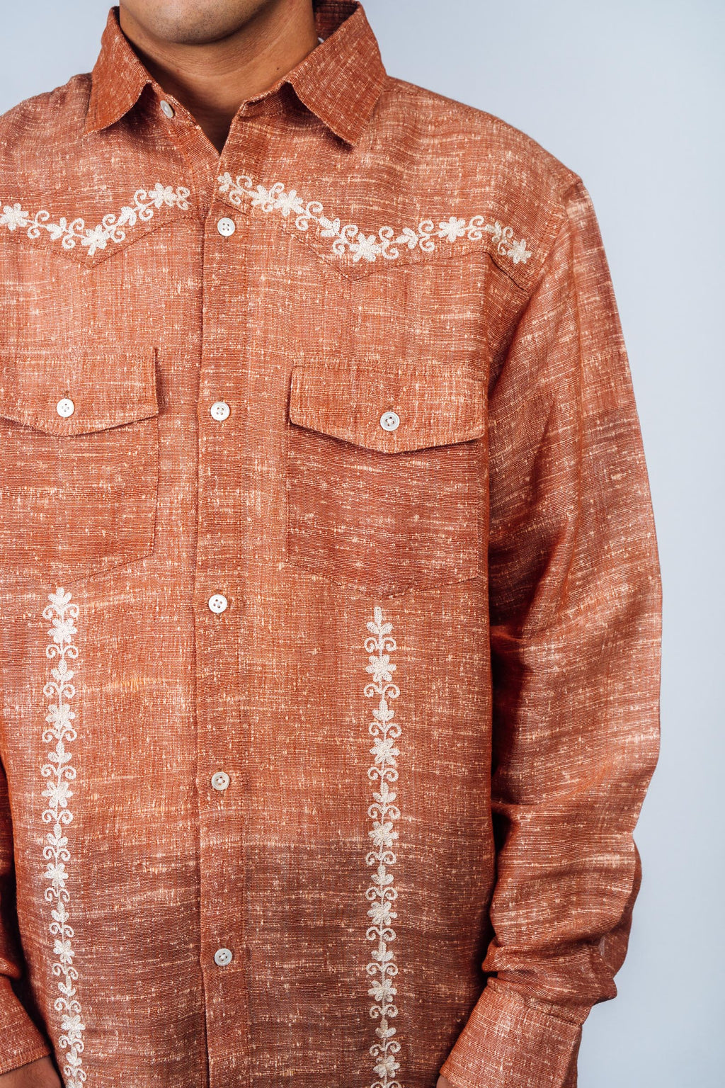 Embroidered Western Shirt 'Burnt Orange Khadi'
