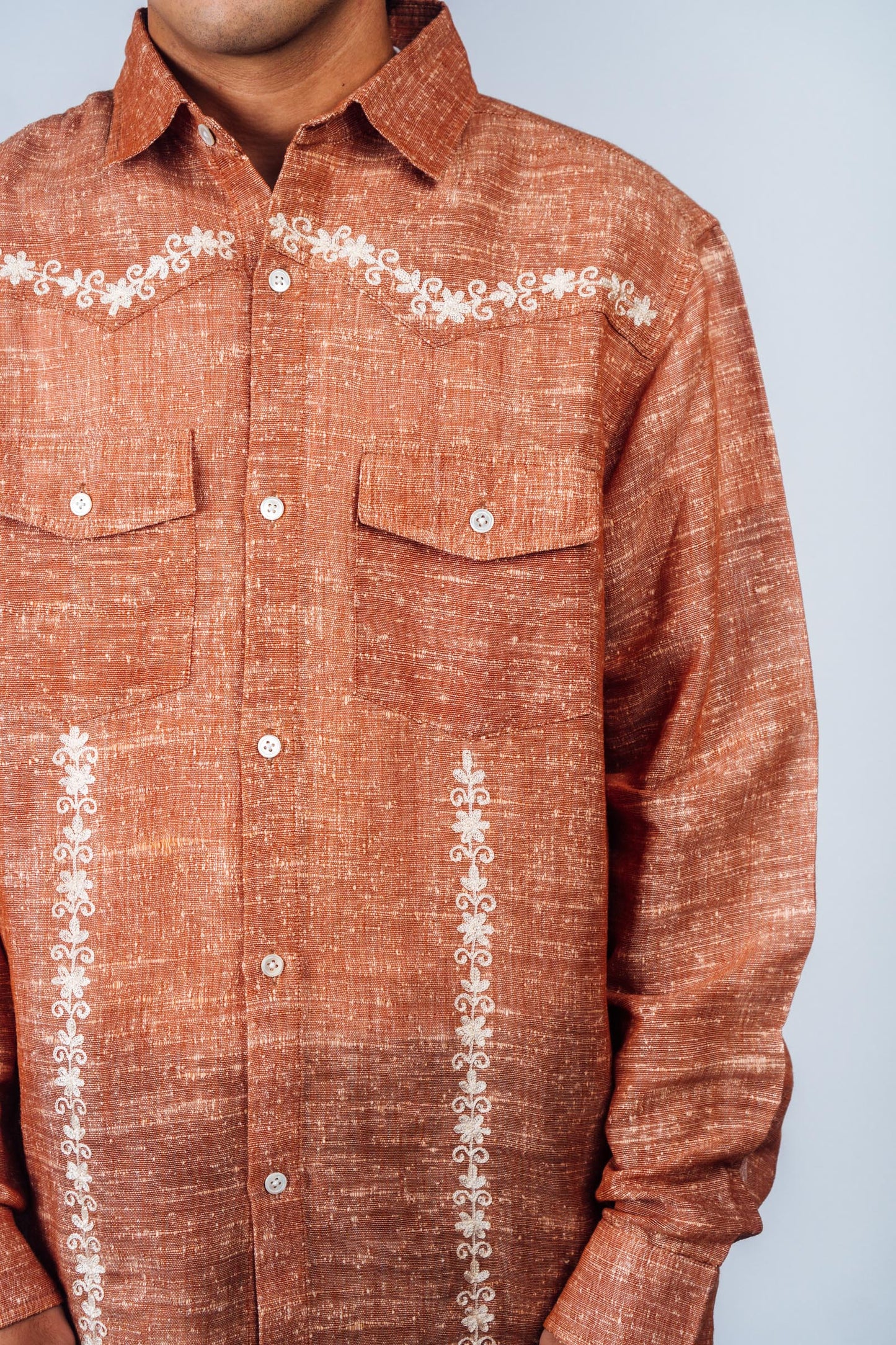 Embroidered Western Shirt 'Burnt Orange Khadi'