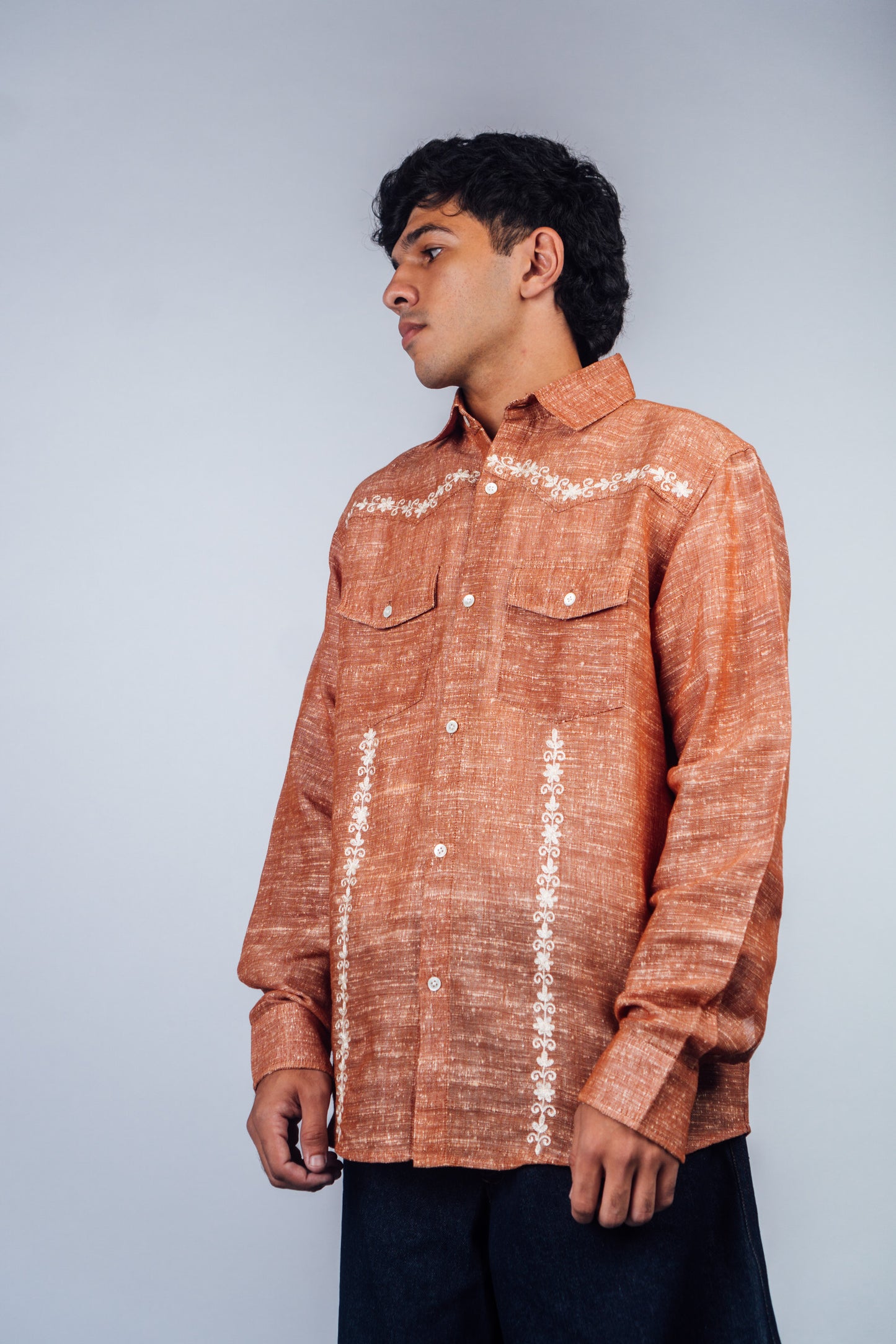 Embroidered Western Shirt 'Burnt Orange Khadi'