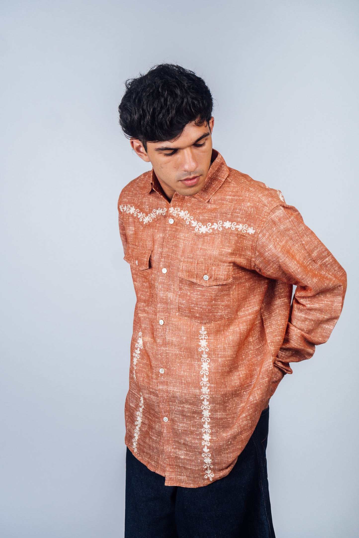 Embroidered Western Shirt 'Burnt Orange Khadi'