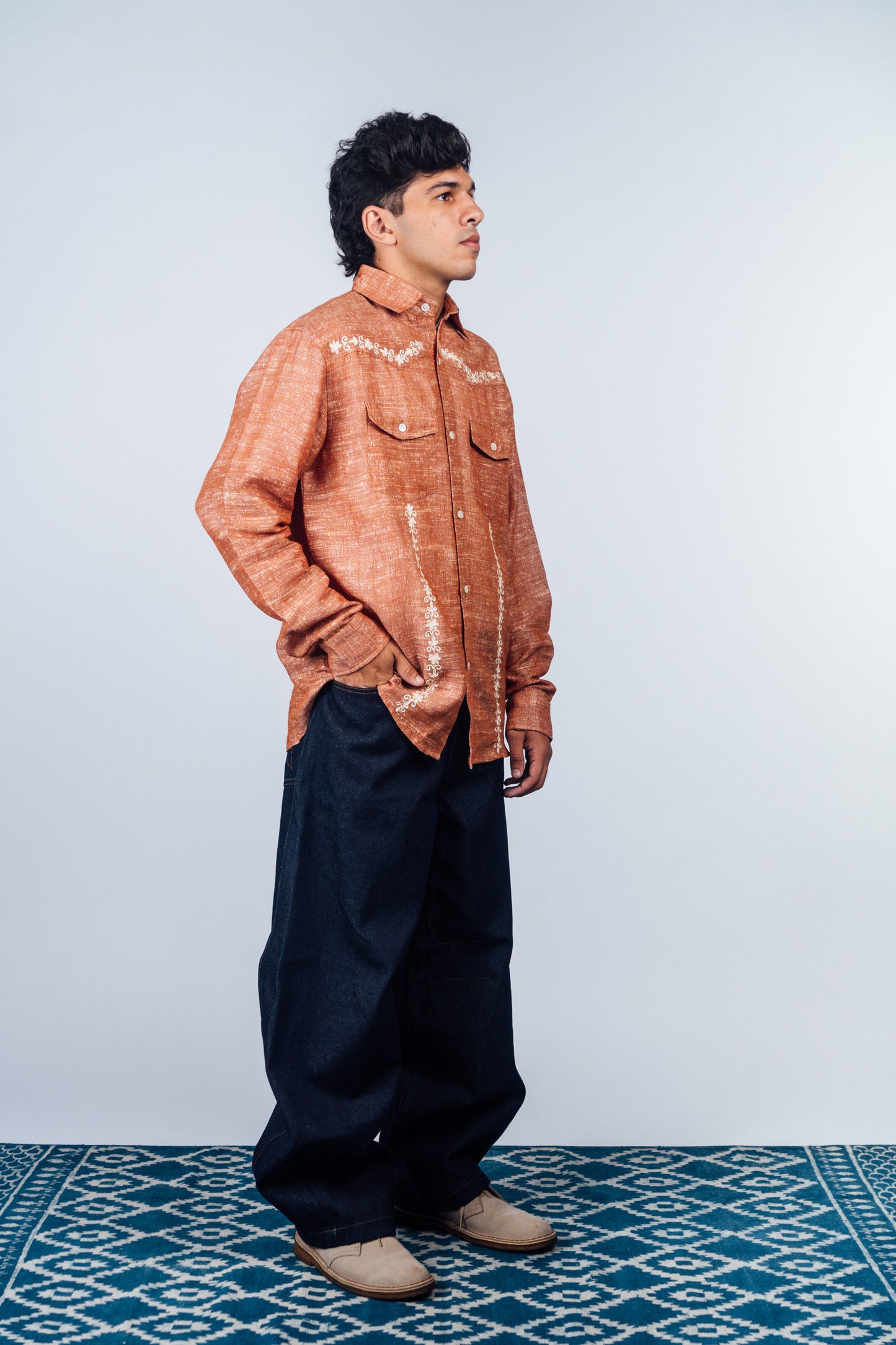 Embroidered Western Shirt 'Burnt Orange Khadi'
